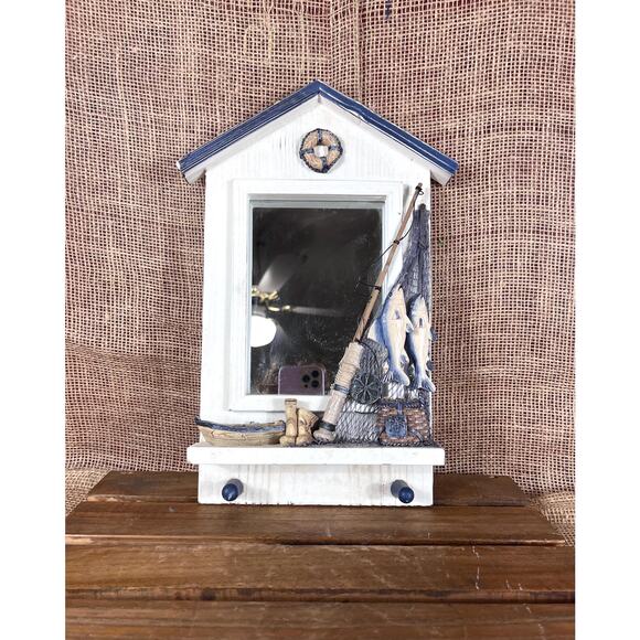 Other - Wood Nautical “Gone Fishing” Theme Mirror with 2 Hanger Shelf~Bathroom Decor